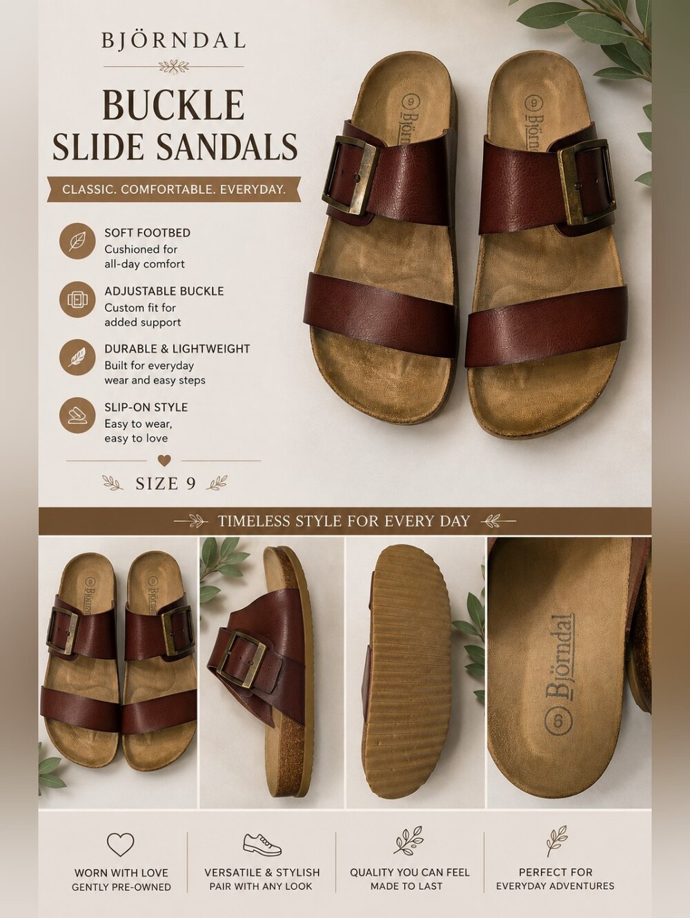Bjorndal Brown Buckle Slide Comfort Sandals Women’s Size 9
